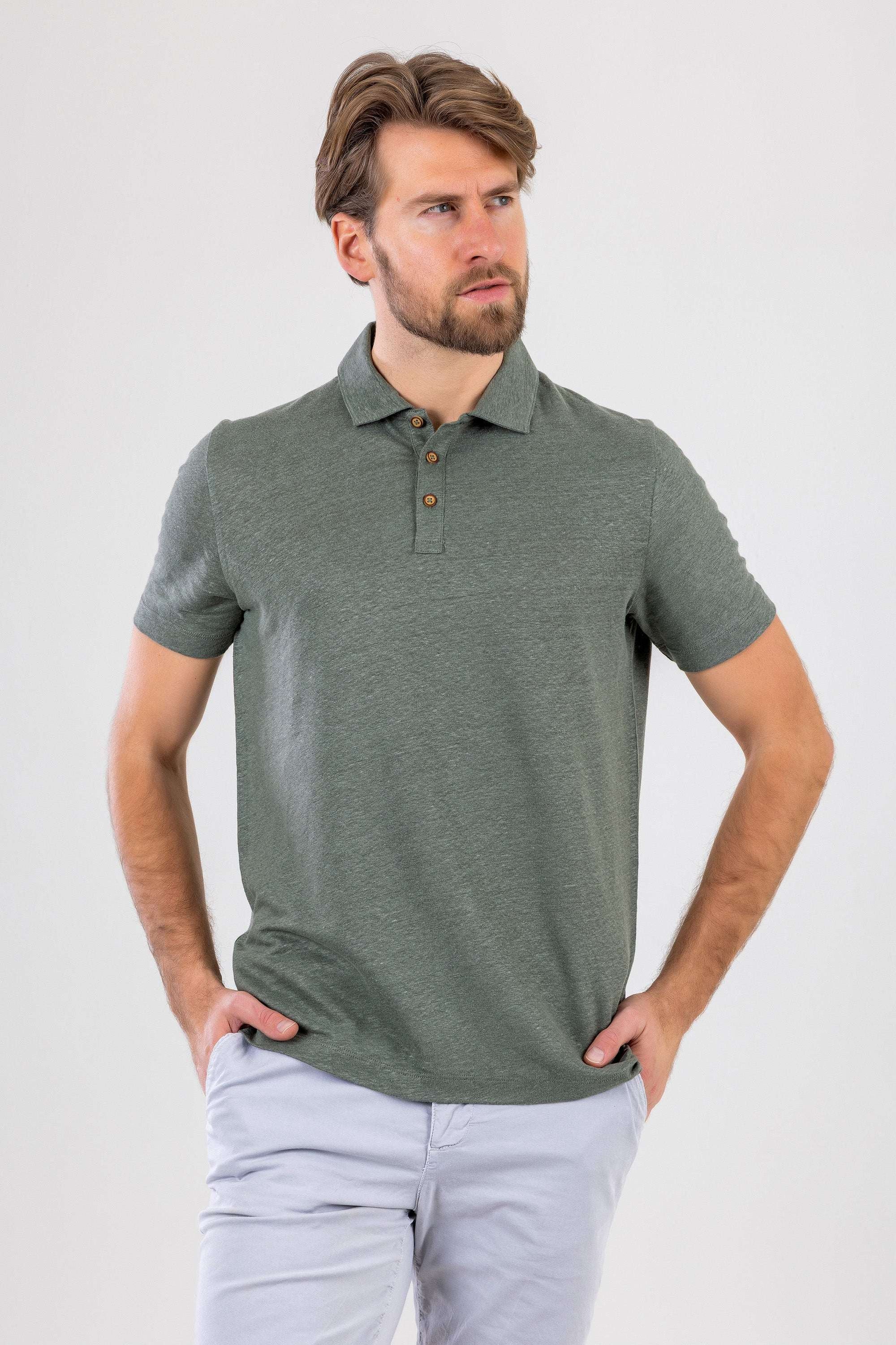 HUGH 100% Saf Keten Koyu Yeşil Polo Yaka Tişört