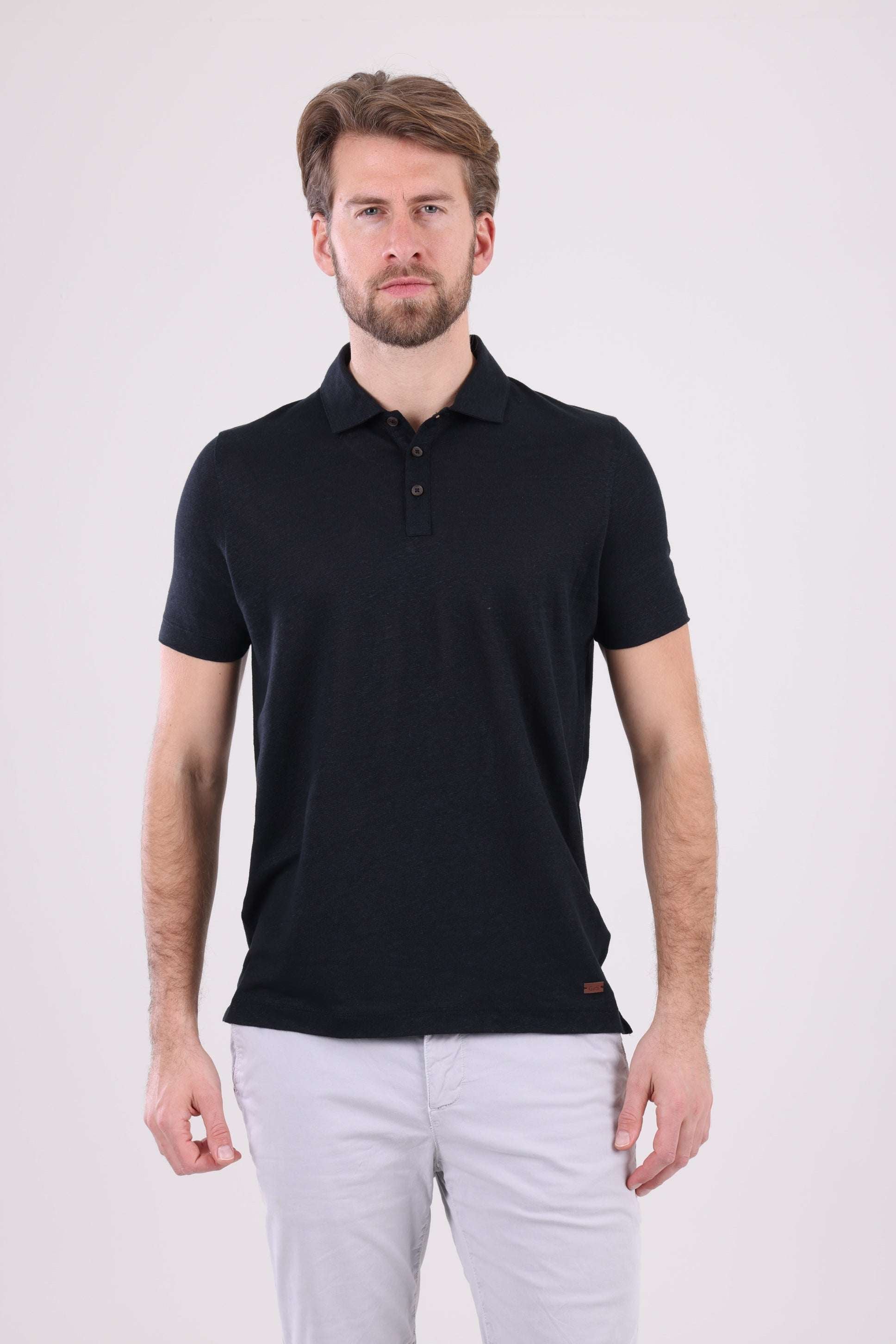 HUGH 100% Saf Keten Siyah Polo Yaka Tişört