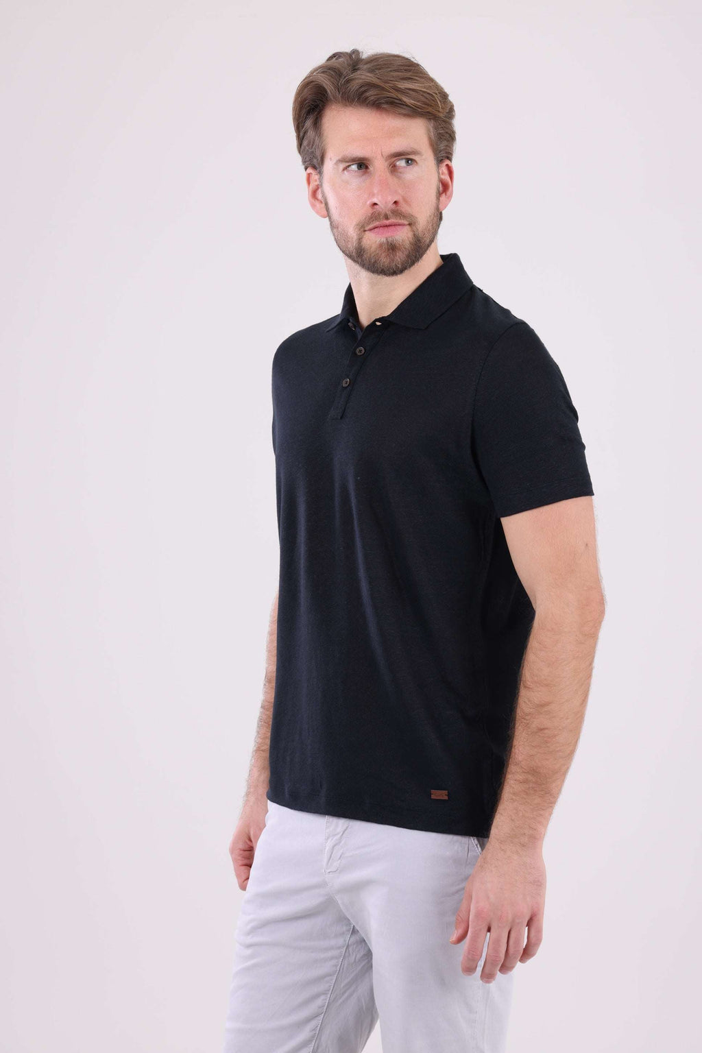 HUGH 100% Saf Keten Siyah Polo Yaka Tişört