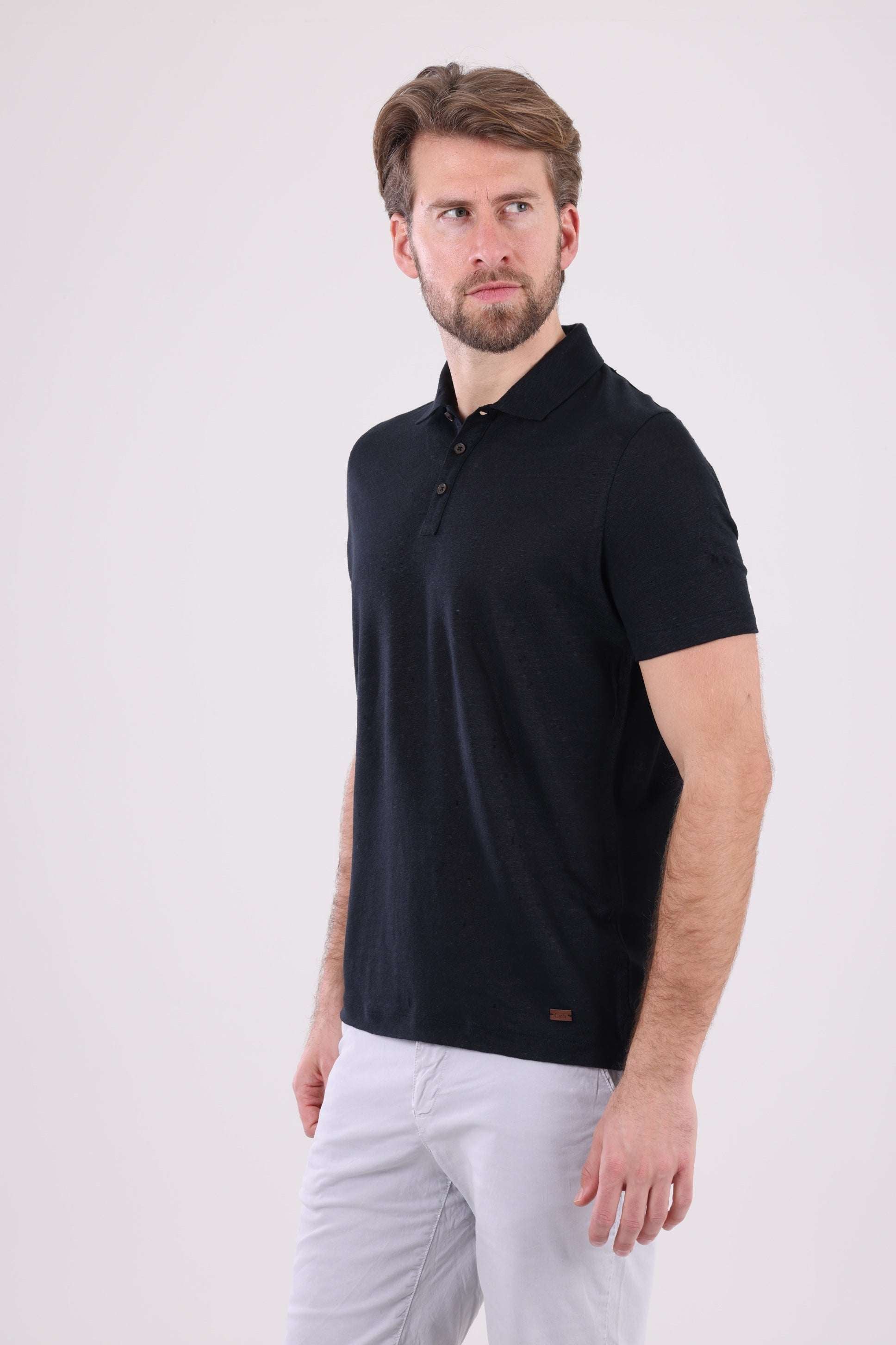 HUGH 100% Saf Keten Siyah Polo Yaka Tişört