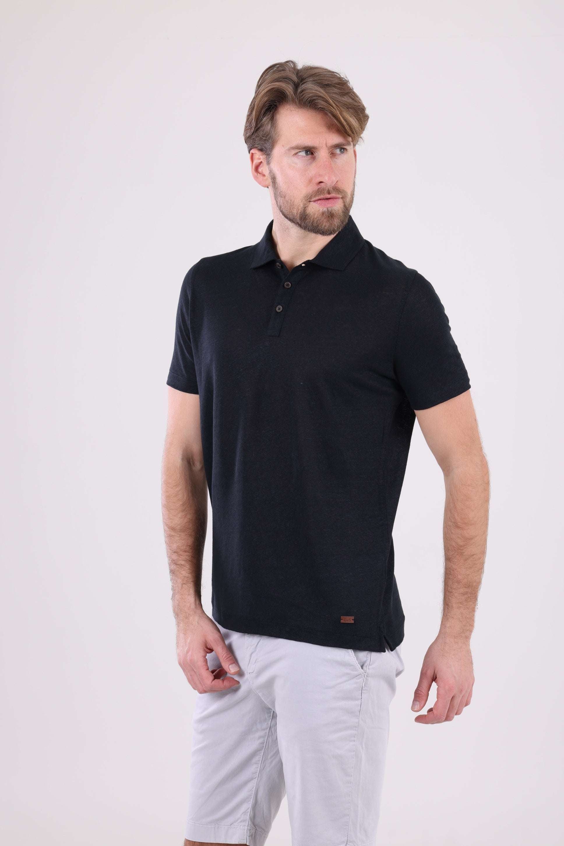 HUGH 100% Saf Keten Siyah Polo Yaka Tişört