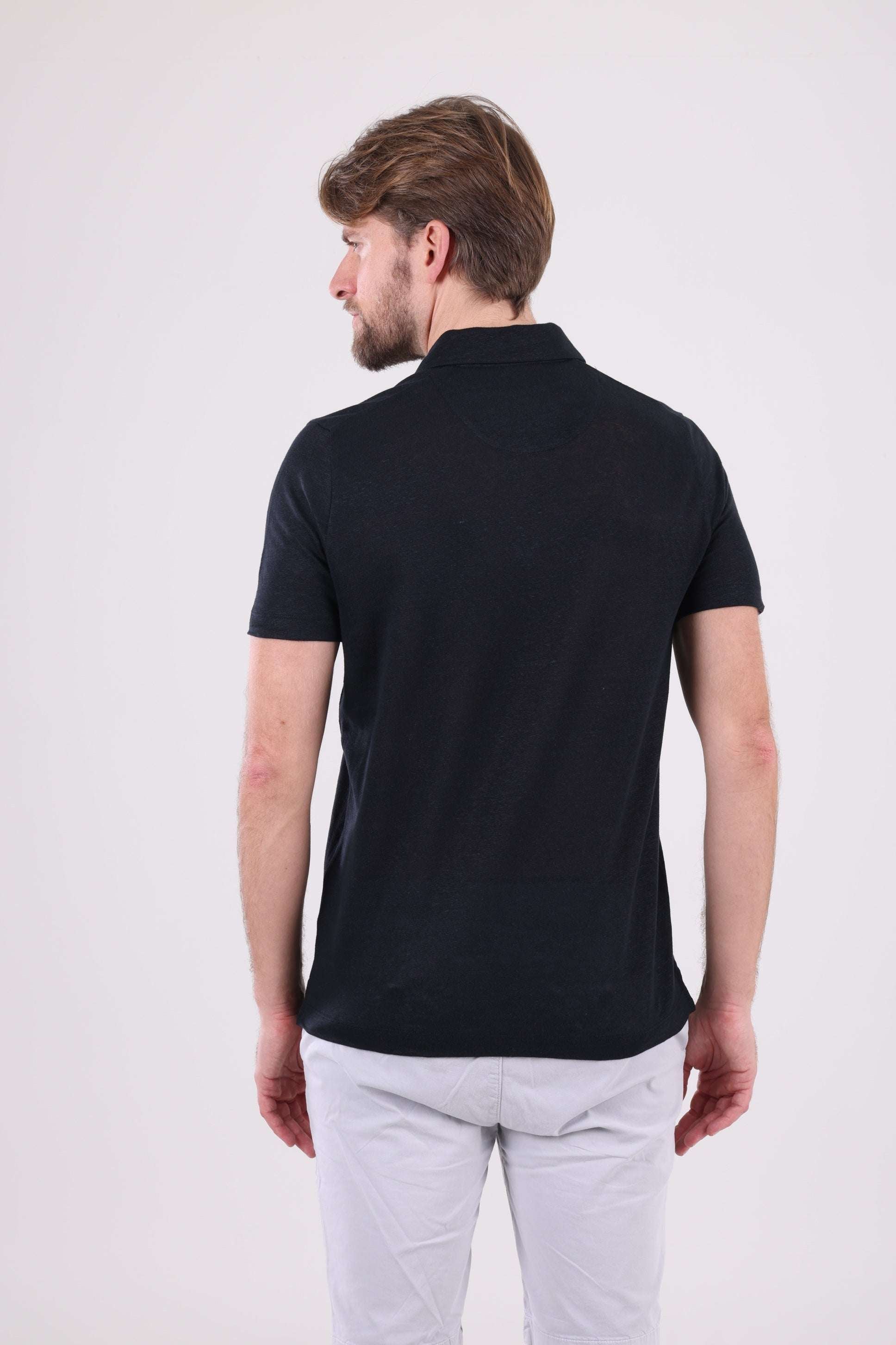 HUGH 100% Saf Keten Siyah Polo Yaka Tişört